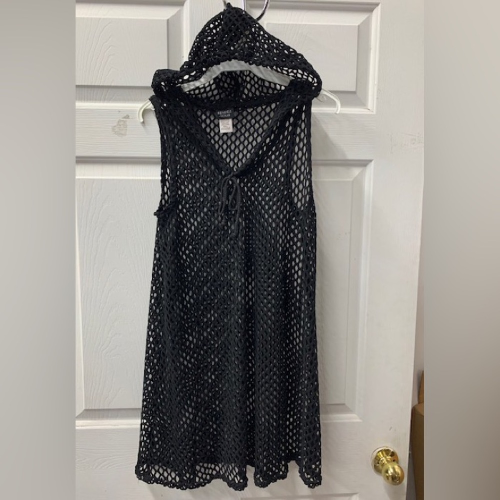 S to XL black hooded eyelet fish net swimsuit cover-up dress 29000